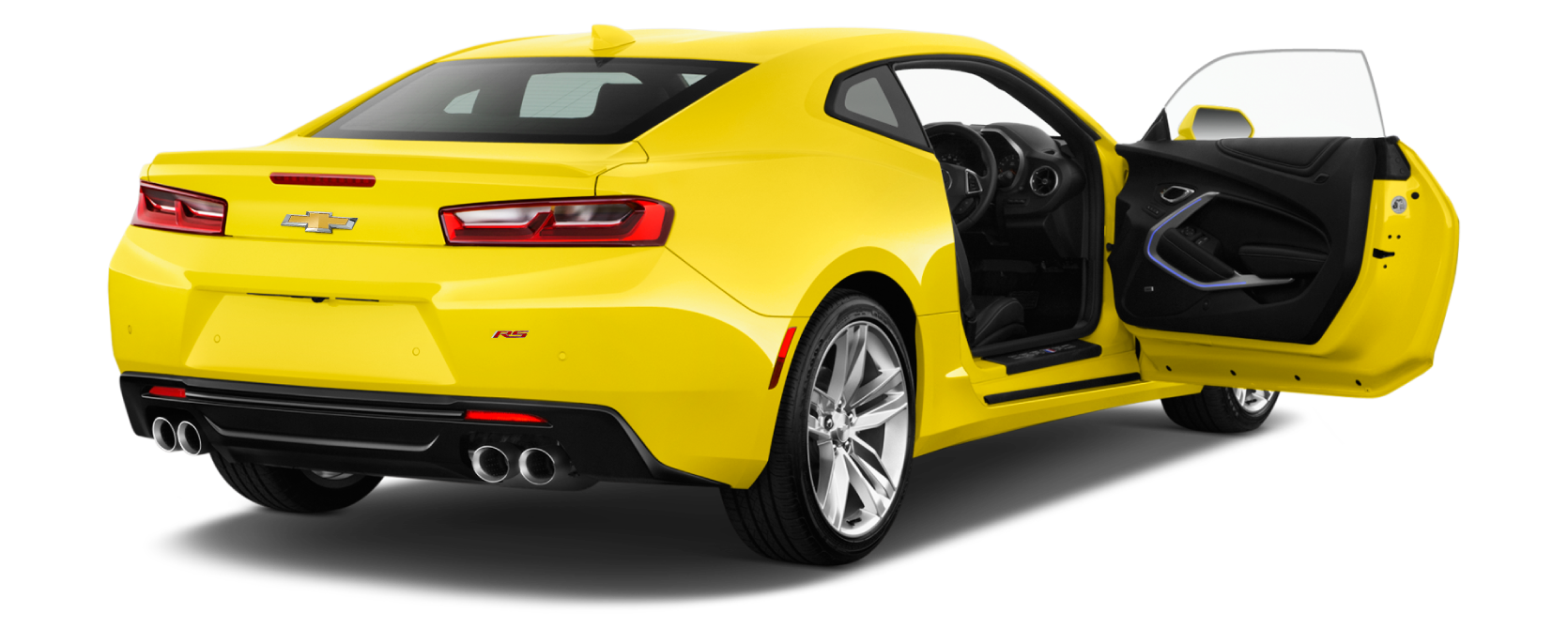 Yellow Camaro RS with open passenger side door exposing the interior